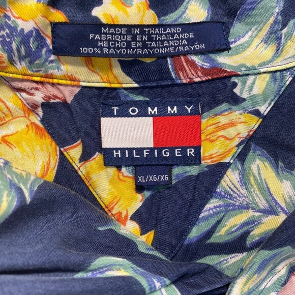 VTG Tommy Hilfiger Shirt Mens XL Button Up Blue Rayon Hawaiian Crest Baggy 90s - Picture 3 of 11